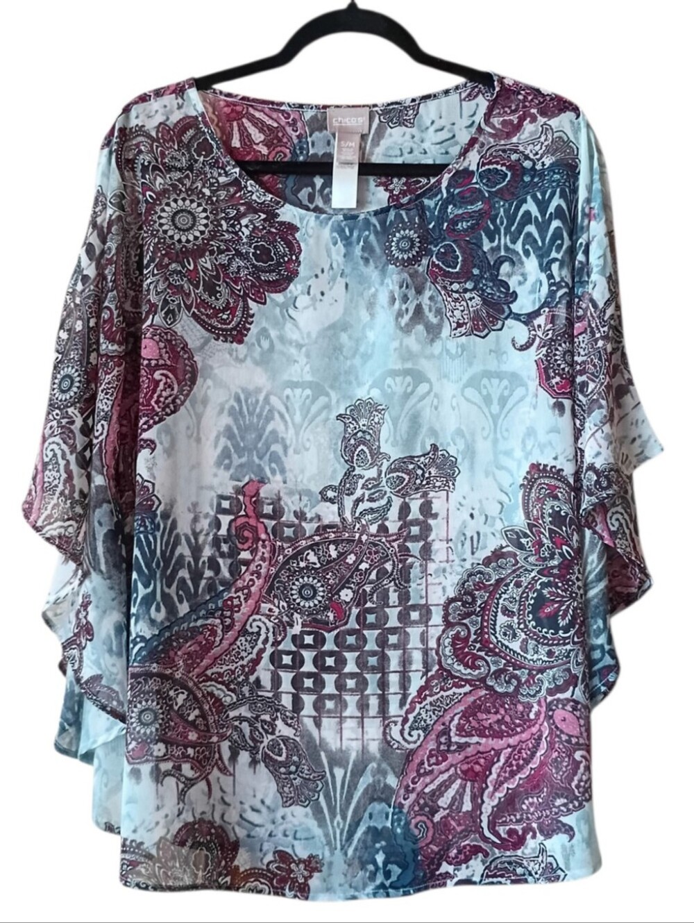 CHICO'S Women's Top Chiffon Purple Paisley Blue S/M